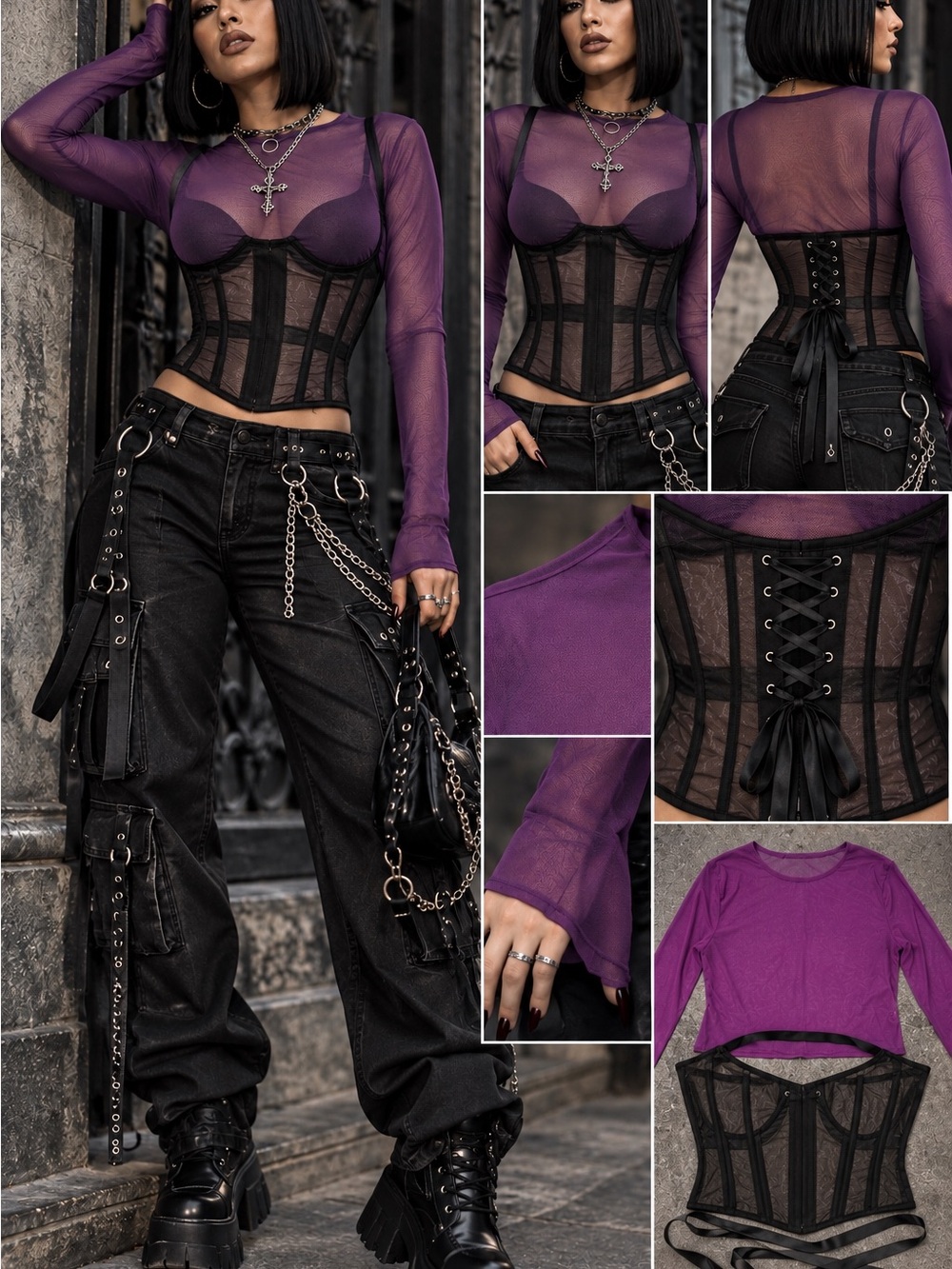 Sheer Purple Long-Sleeve Mesh Top with Black Lace-Up Corset